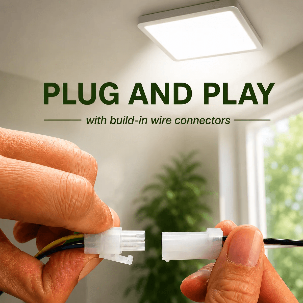 Hands connecting the plug-and-play quick wire connectors of a DIY solar skylight LED light kit, demonstrating an easy installation process with no electrician required for Australian homes.
