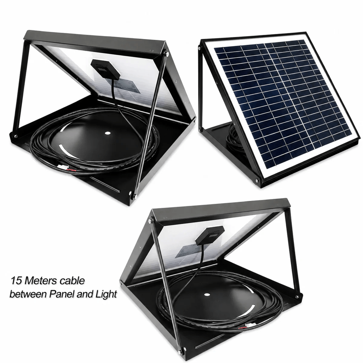 A 40W polycrystalline panel kit for a DIY solar skylight featuring an adjustable black aluminium mounting frame and an included 15-metre connection cable for flexible positioning on Australian roofs.