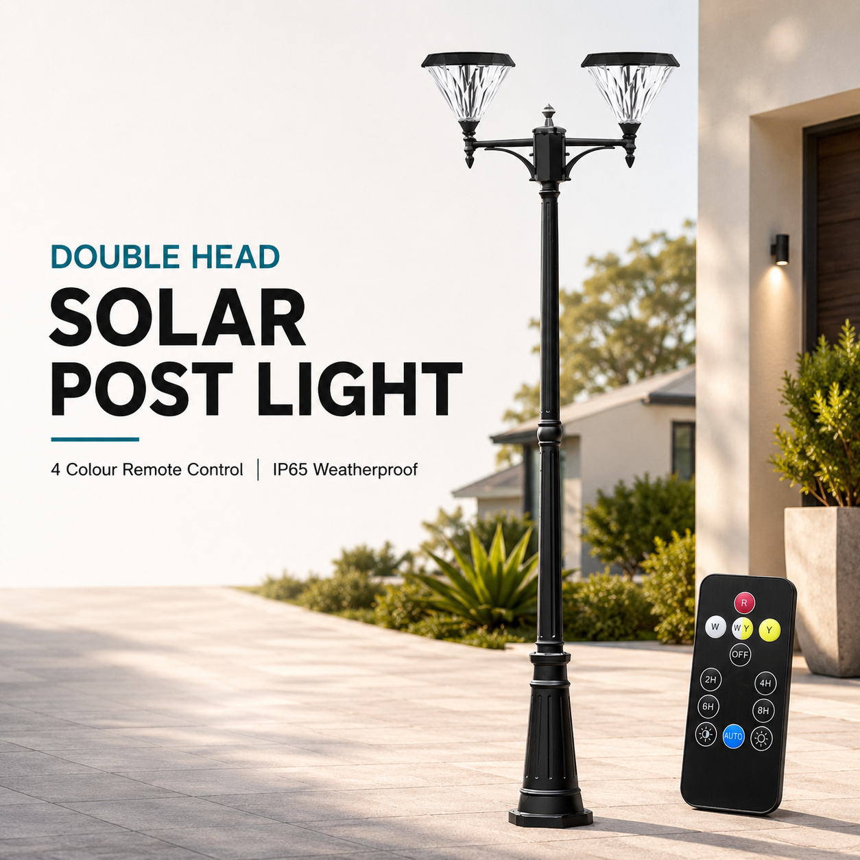 Premium matte black double head flat top solar post light installed in a residential driveway with its accompanying multi-colour remote control.