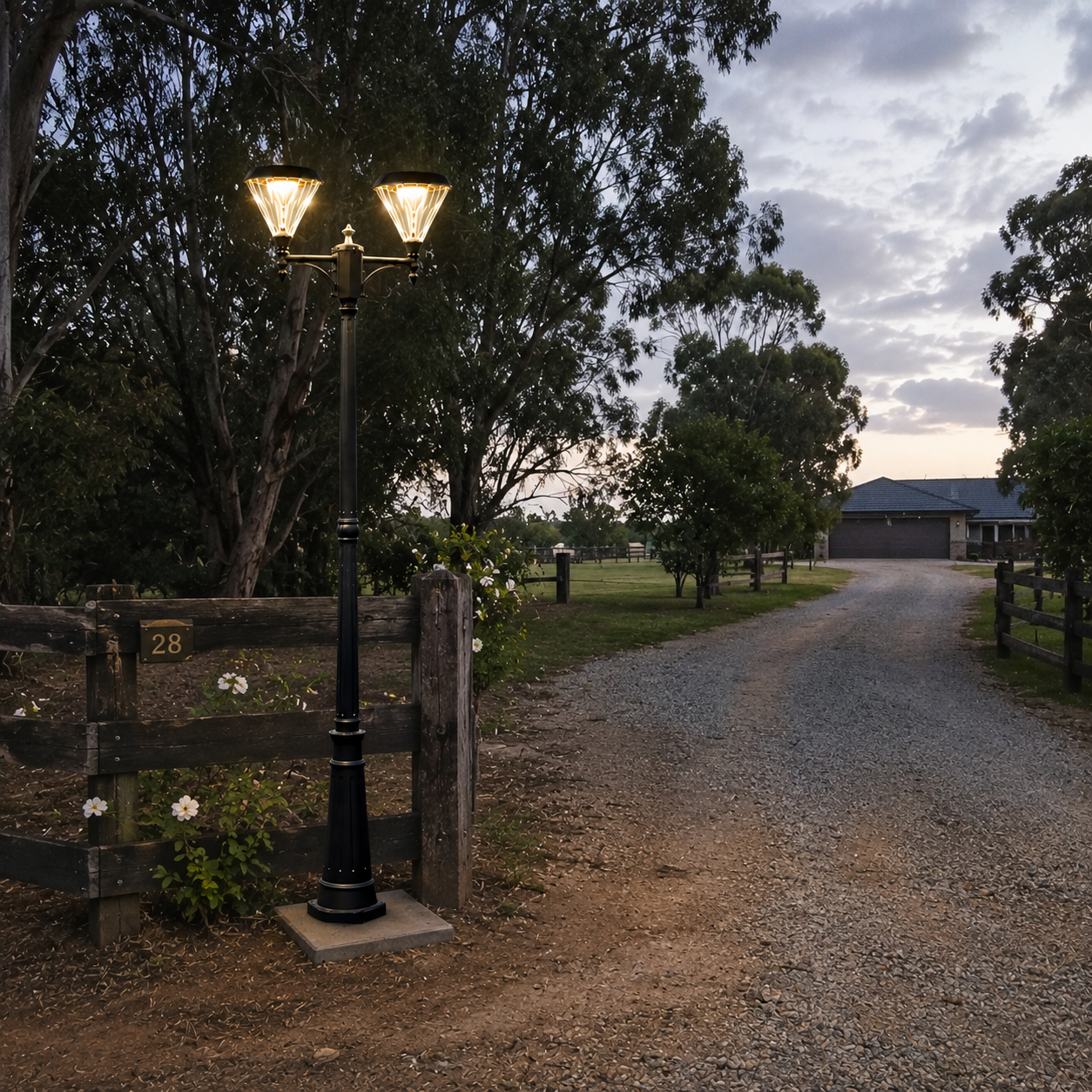 Double head flat top solar street light Australia acreage layout installed along a rural gravel driveway entrance next to a wooden property fence.