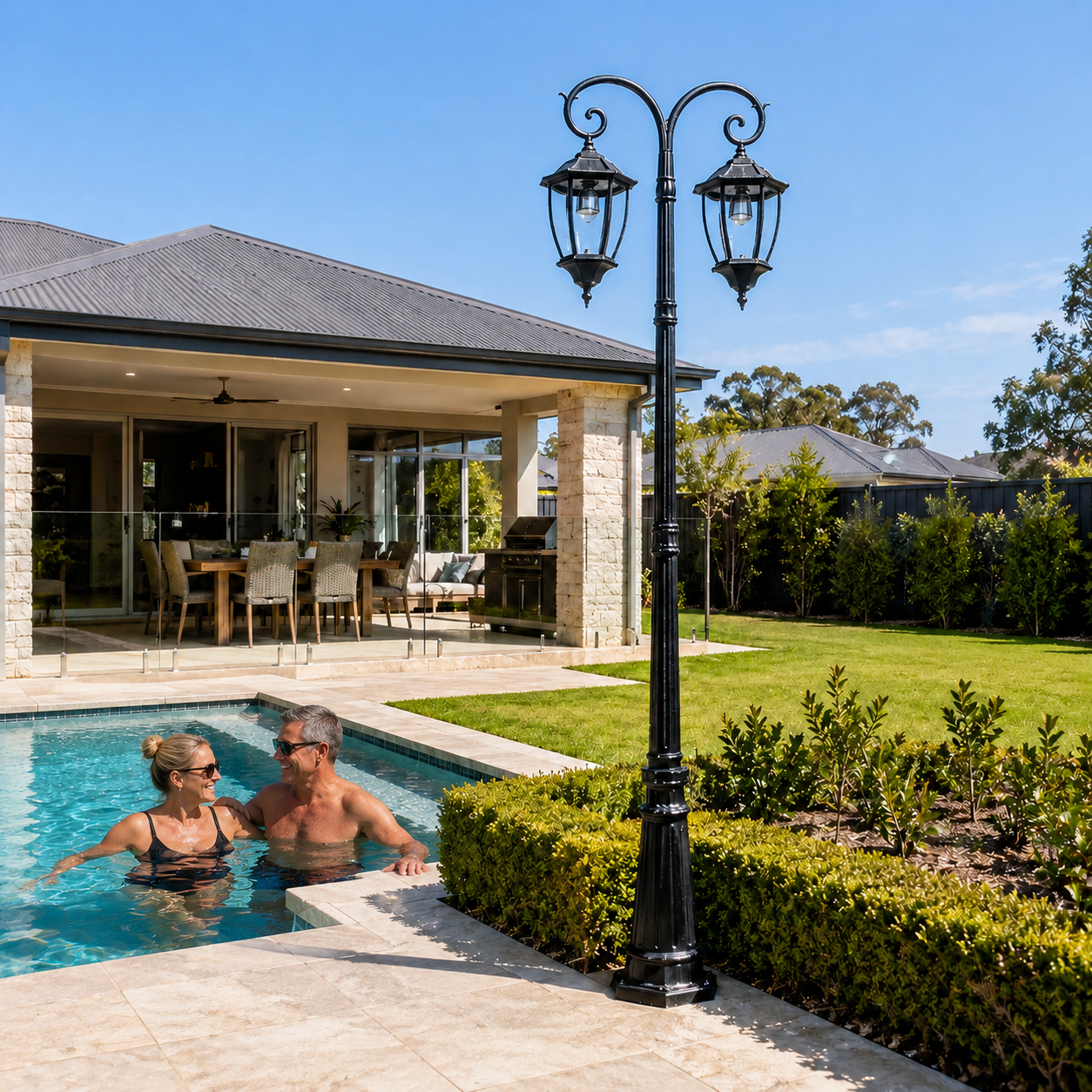 Matte black Double Head Solar Coach Post Light providing waterproof IP65 outdoor illumination next to a backyard swimming pool and patio dining area.
