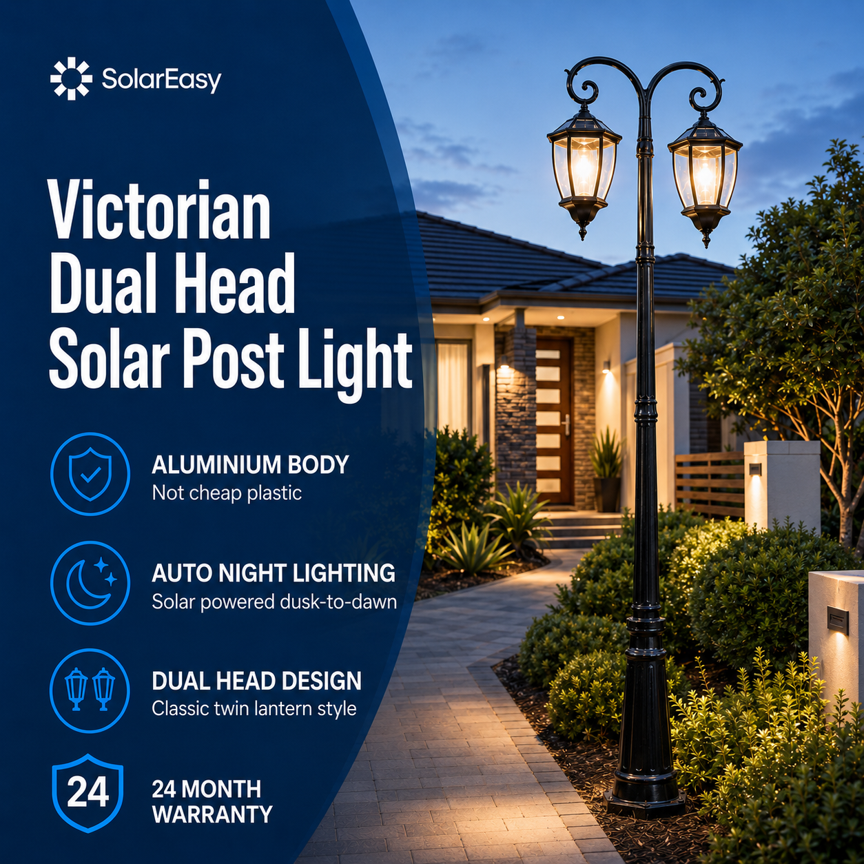 Dual Head hexagonal solar street light infographic by SolarEasy highlighting the heavy-duty aluminium body, automatic dusk-to-dawn night lighting, and a 24-month warranty.