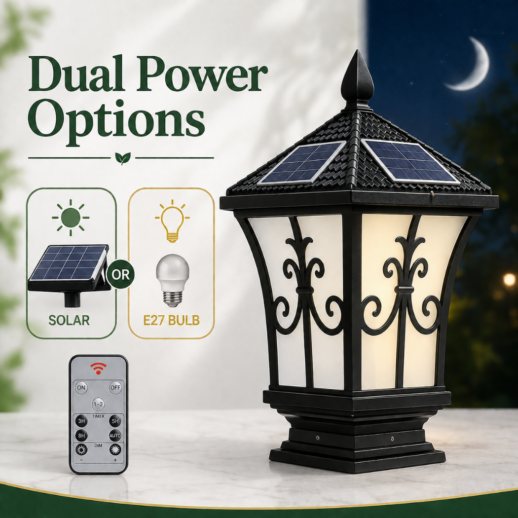 An infographic highlighting the dual power options of this solar gate light Australia homeowners trust, showing the hybrid choice between the built-in solar panel or an optional E27 bulb.