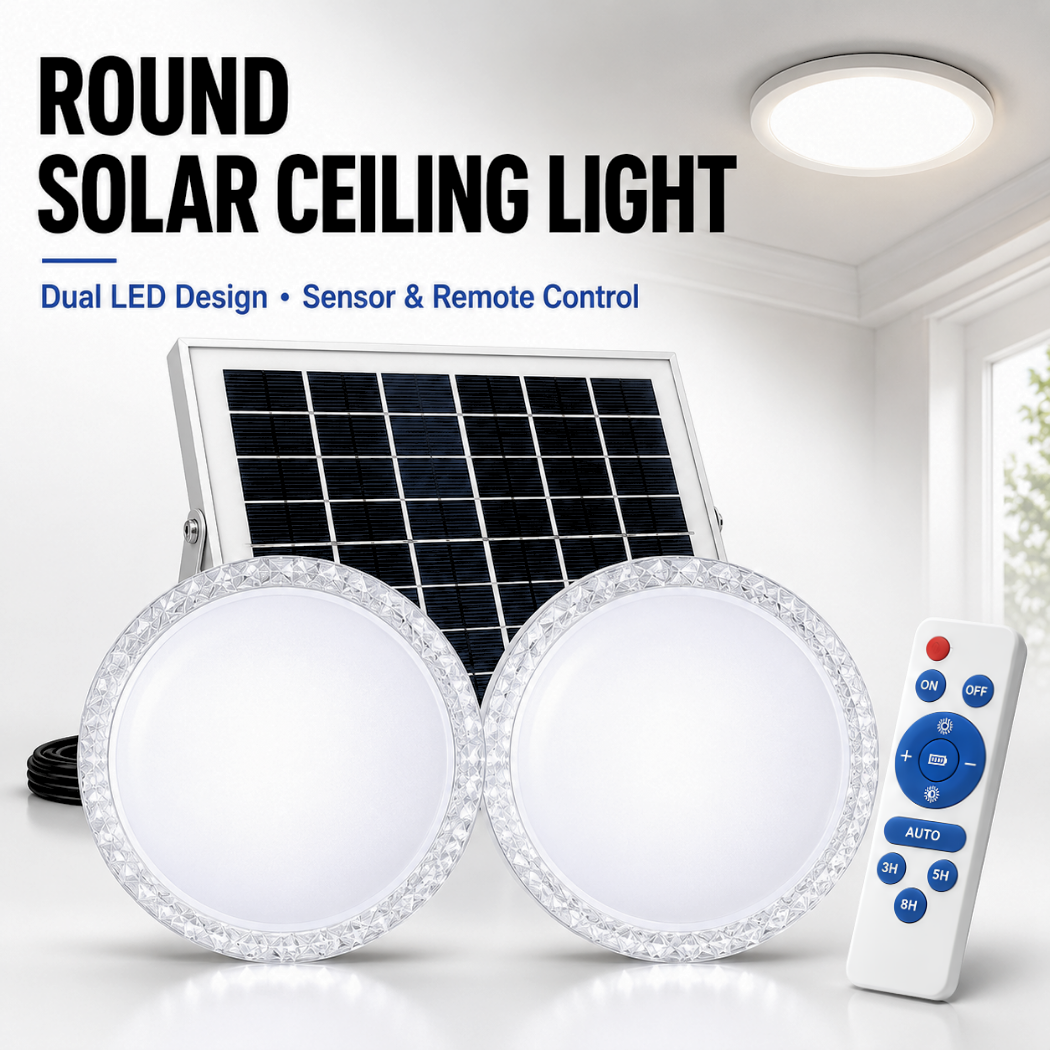 Solar Easy 30W dual LED round solar light kit featuring two circle solar lights with a textured border, a monocrystalline solar panel, and a wireless remote control for indoor and outdoor Australian homes.