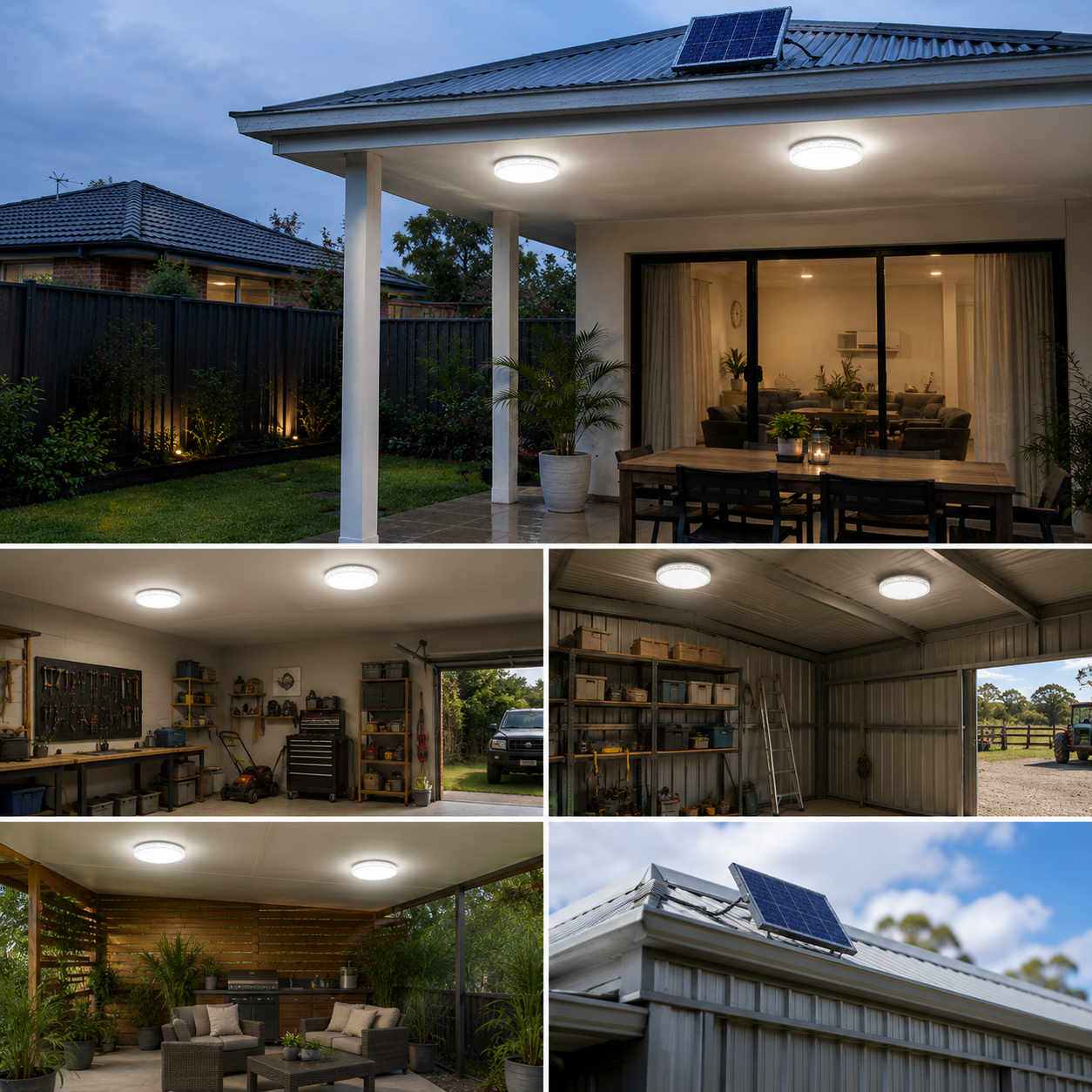 A multi-image grid showcasing a dual solar ceiling light system installed in an outdoor backyard patio, a tool garage, a rural metal farm machinery shed, and a close-up of the roof-mounted solar panel.
