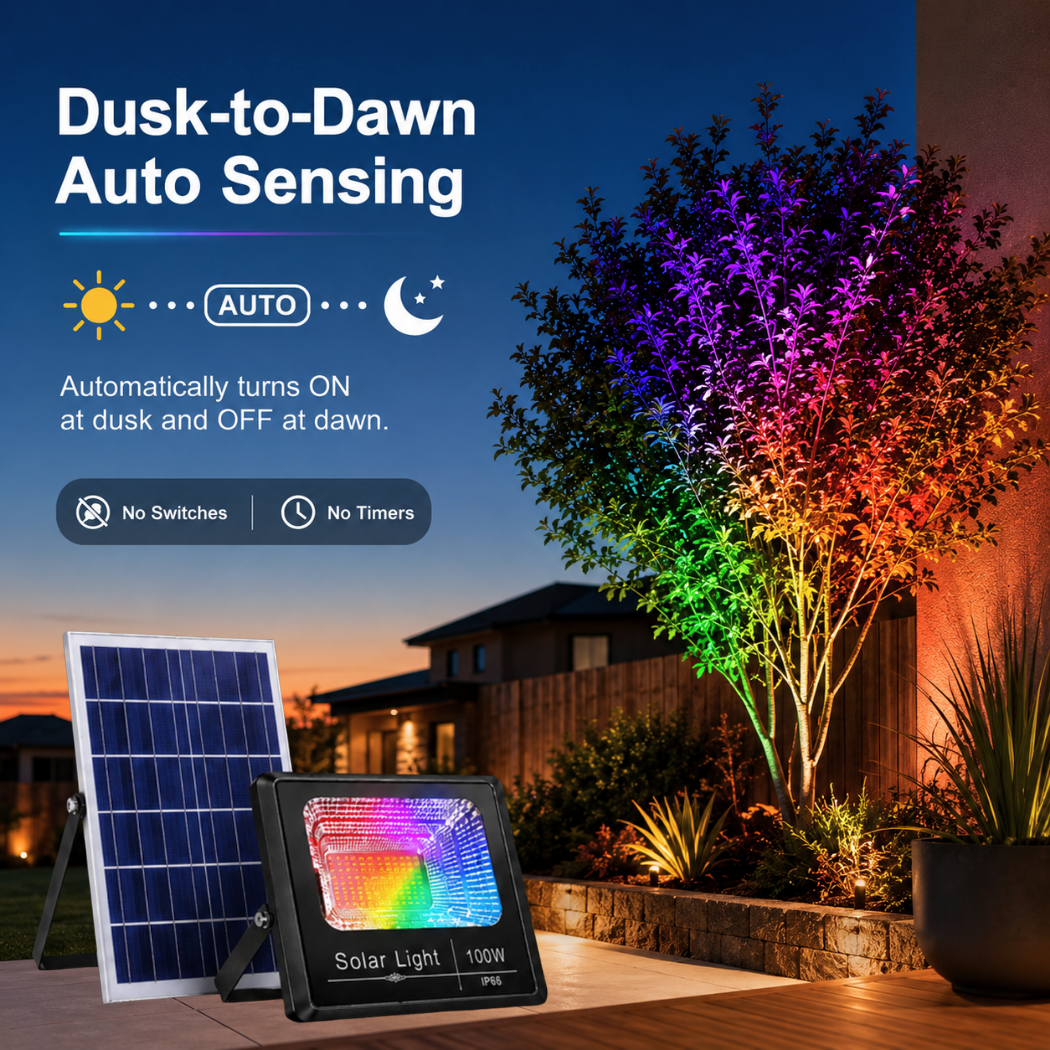 A dusk-to-dawn RGB solar flood light infographic highlighting the automatic light sensor function illuminating an outdoor garden tree with vibrant multi-color accents.