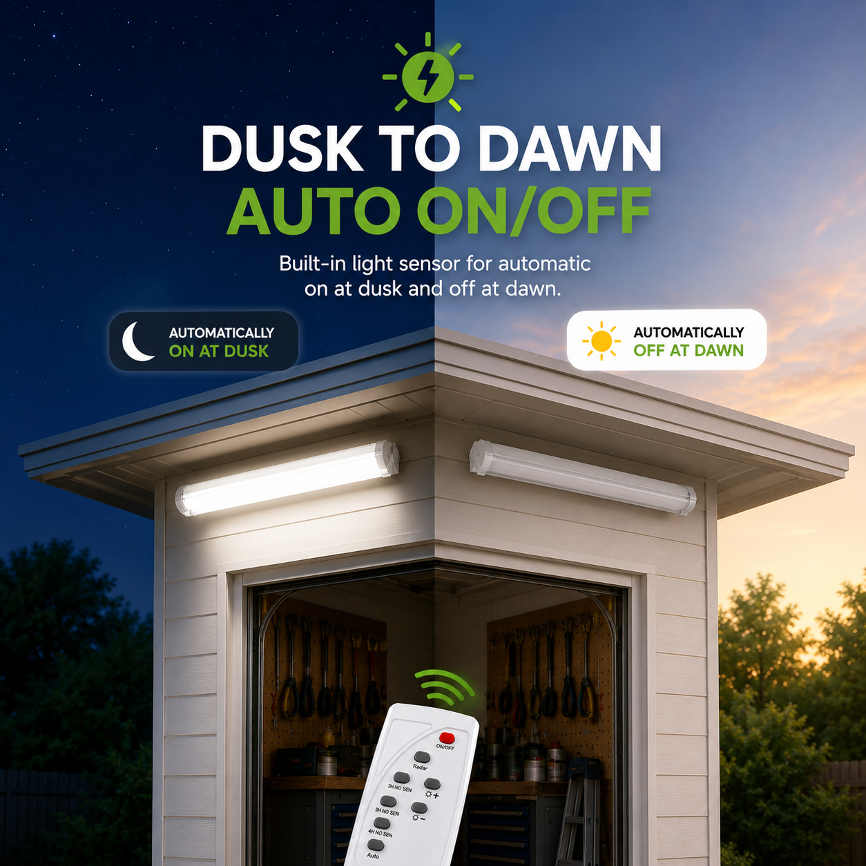 Automatic dusk to dawn solar bar lights illuminating the entrance of an outdoor garden storage shed at night.