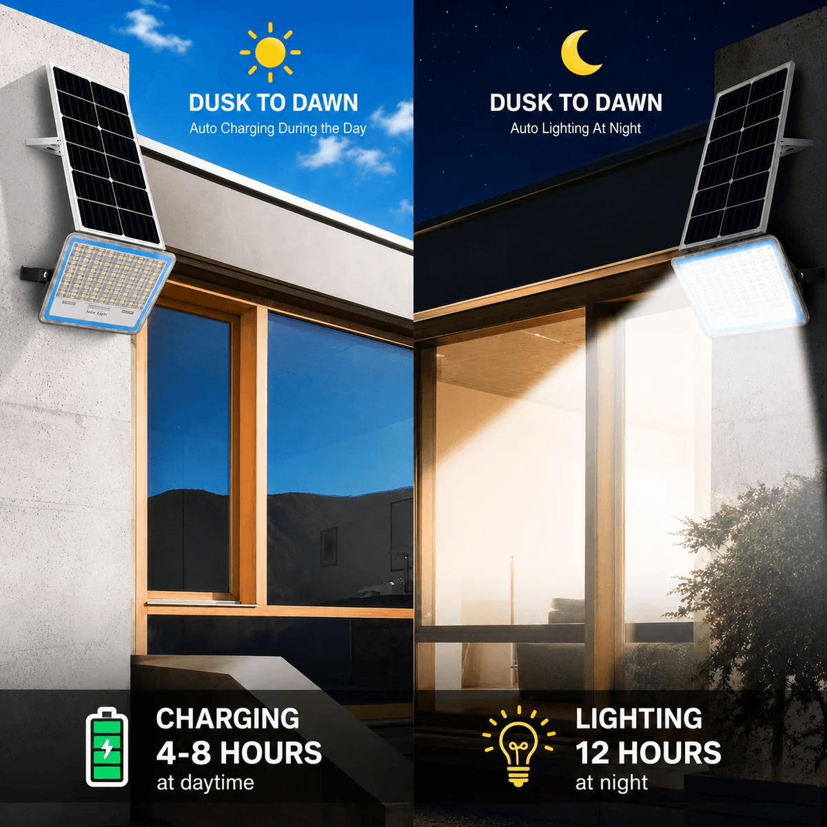 Dusk to dawn solar flood light infographic demonstrating daytime battery charging and twelve hours of automatic nighttime security lighting.
