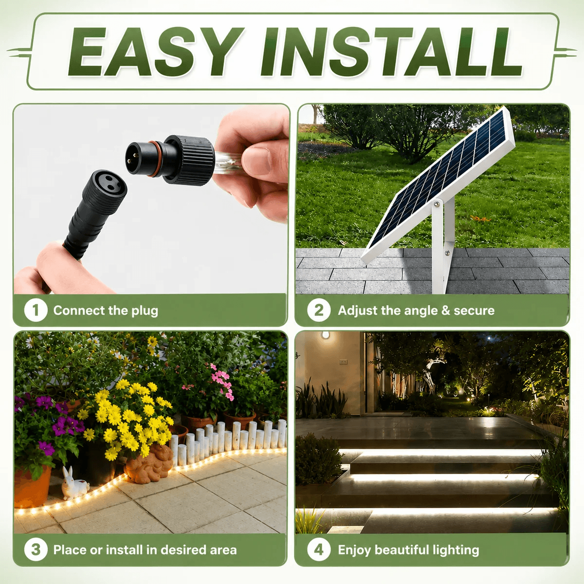 Four step easy installation guide for solar LED strip lights showing plug connection, panel setup, and outdoor path layout.