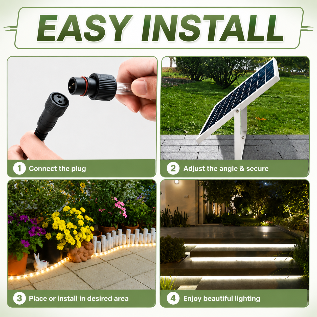 Four step easy installation guide for solar LED strip lights showing plug connection, panel setup, and outdoor path layout.