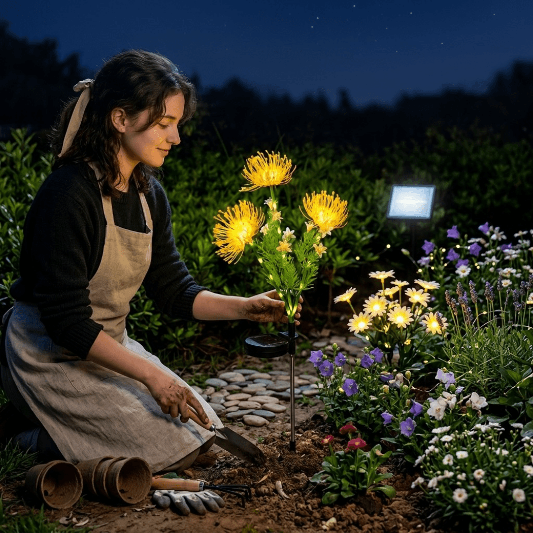 A smiling woman gardener kneeling down to complete the easy outdoor installation of a glowing yellow spider lily solar garden stake in a backyard garden bed at night.