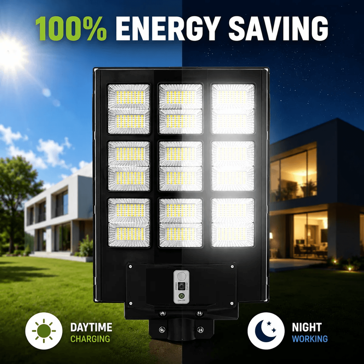 Energy saving solar powered street light showcasing a daytime charging and automatic night working graphic