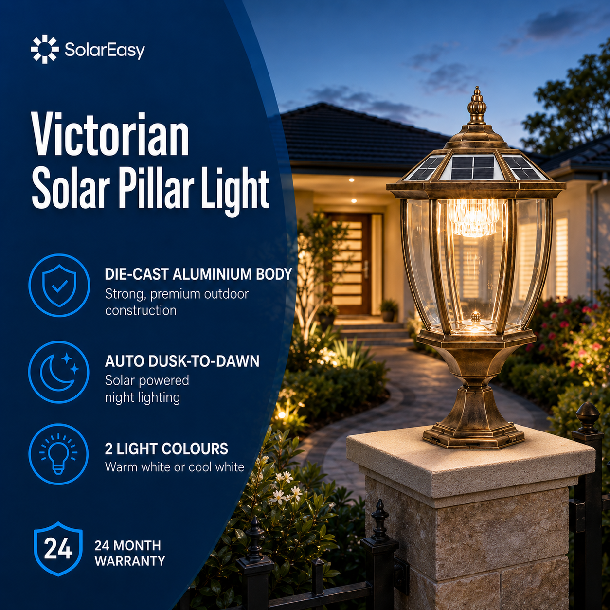 Extra large solar pillar lights outdoor infographic showcasing the Victorian solar pillar light features including a die-cast aluminium body, auto dusk-to-dawn sensor, 2 light colours, and a 24-month warranty.