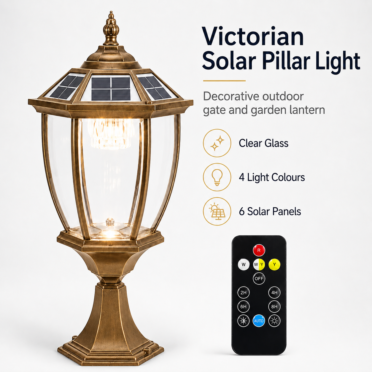 Extra large solar pillar lights outdoor infographic showcasing the bronze Victorian lantern with a remote control, 6 solar panels, clear glass, and 4 light colours.