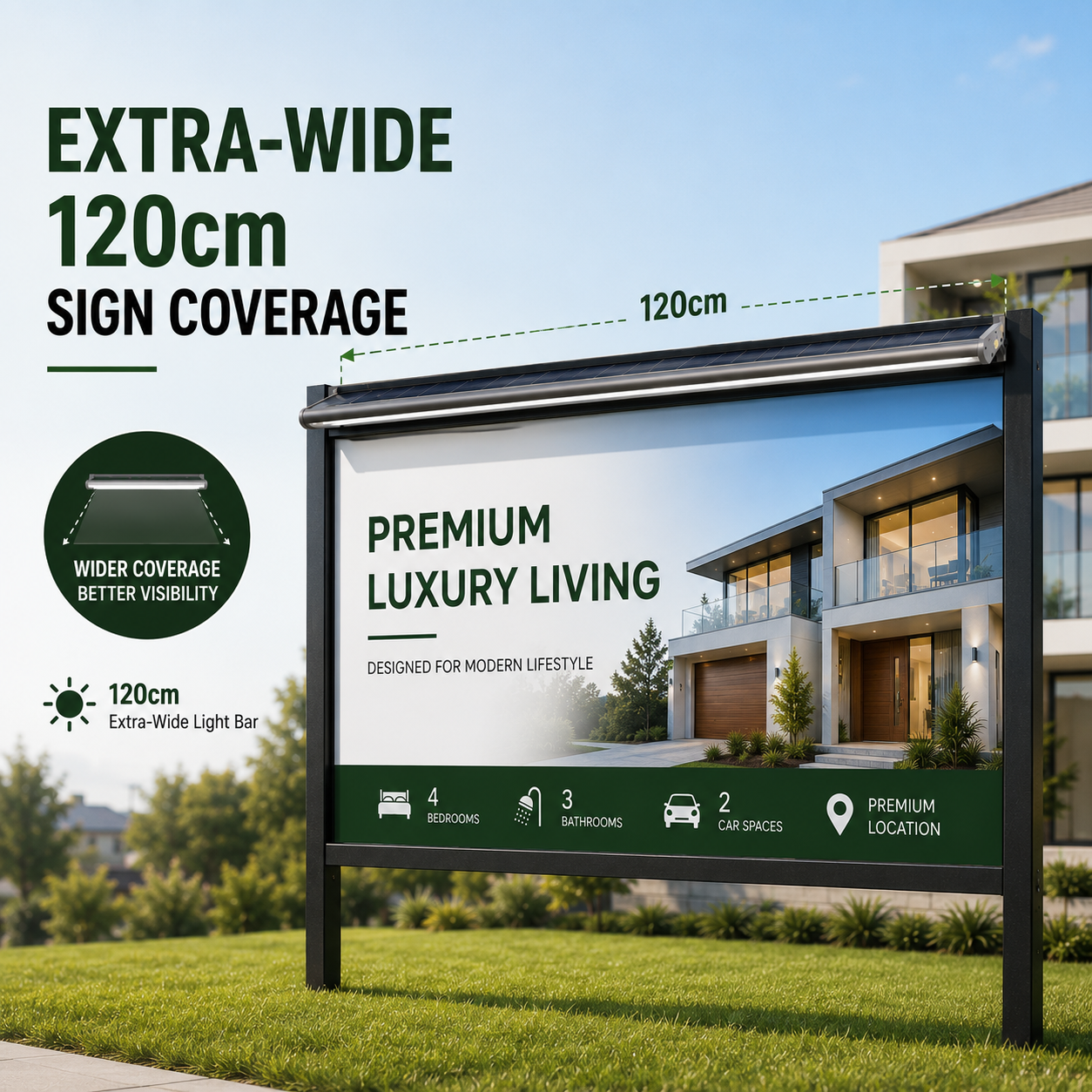 An extra wide 120cm solar billboard light illuminates a large commercial property display board to provide complete nighttime visibility across the entire sign face.