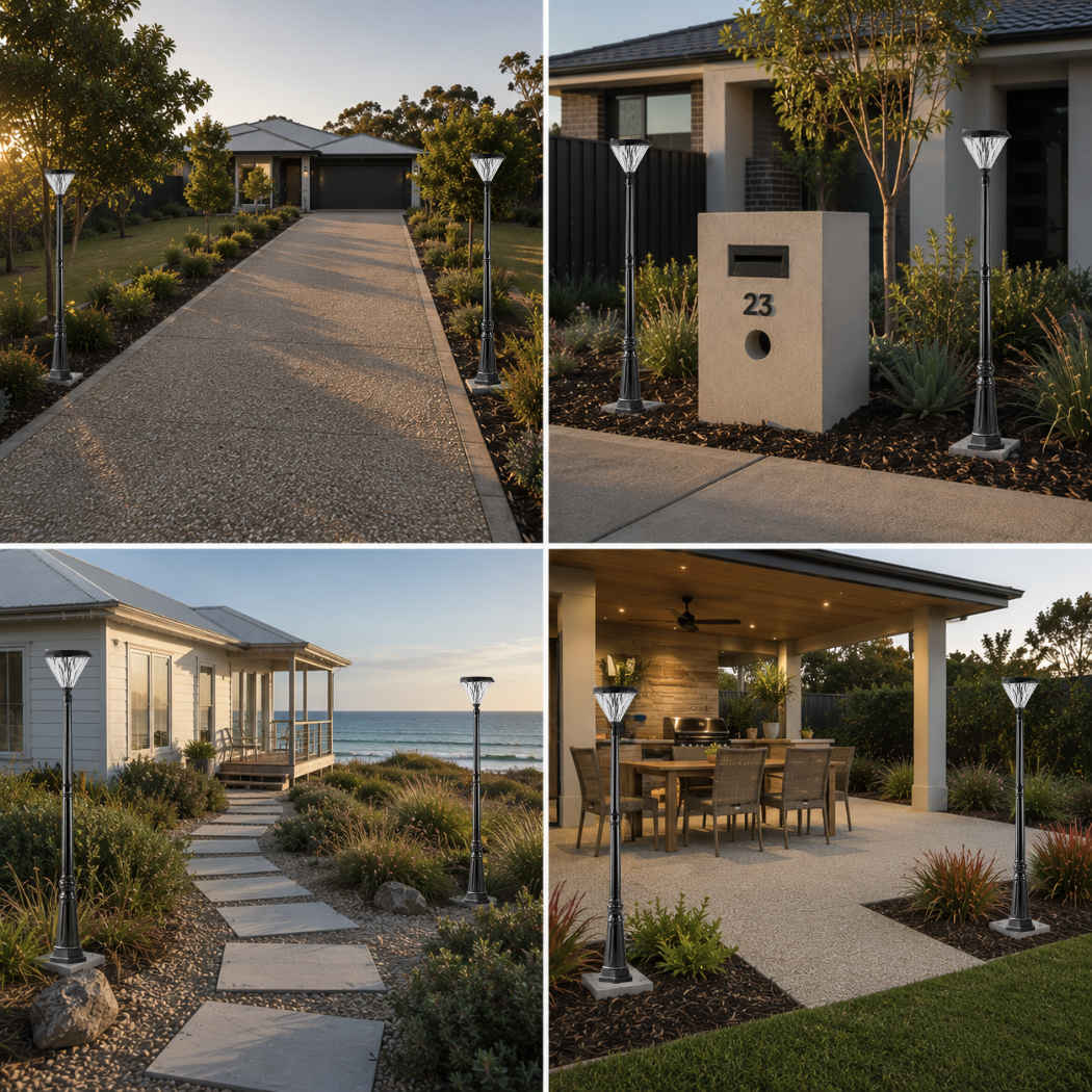 Four-panel collage showing a modern flat top solar lamp post installed along an exposed aggregate driveway, near a concrete letterbox, lining a coastal pathway, and bordering an outdoor alfresco patio dining area.