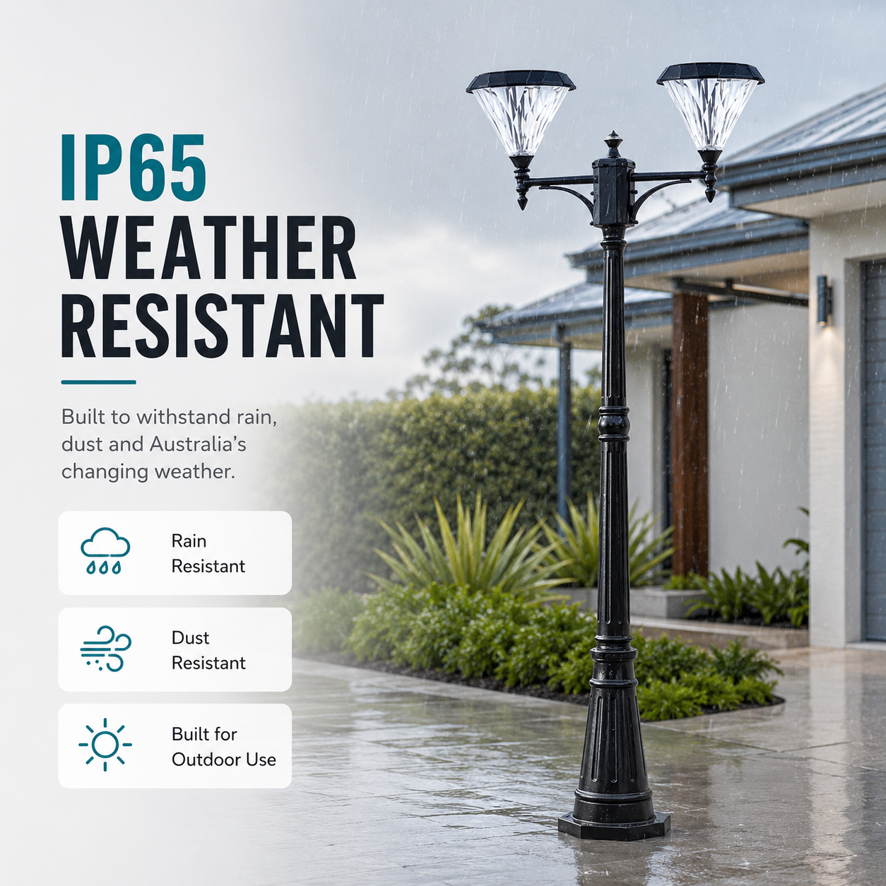 Waterproof flat top solar lamp post graphic demonstrating IP65 weather resistant durability against rain and dust outside a modern home.