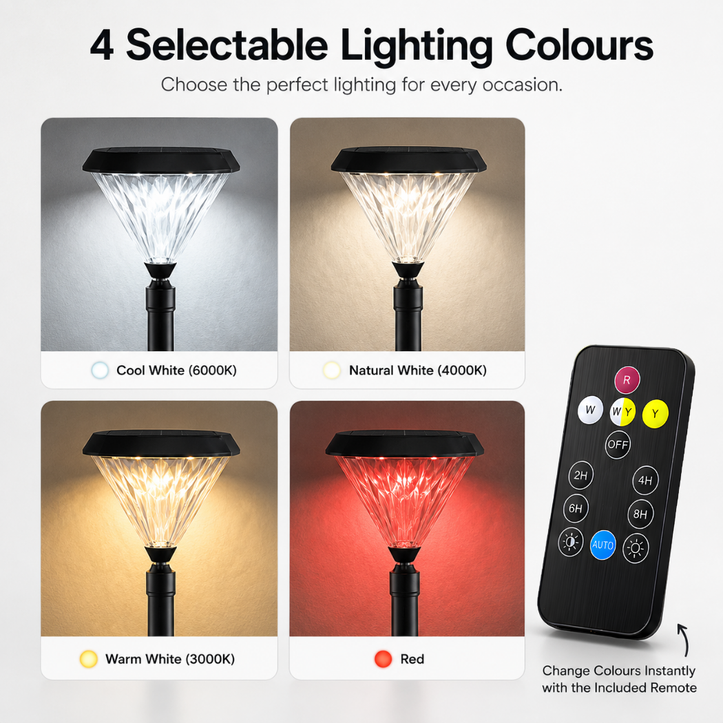 Contemporary flat top solar light showing four selectable lighting colours cool white natural white warm white and red with an infrared smart remote control.