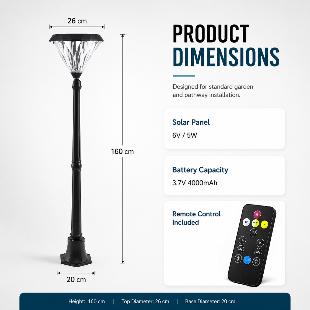 Flat top solar light post dimensions infographic showing a 160cm height specification diagram with a 26cm top diameter and a 20cm base diameter for garden path installations.