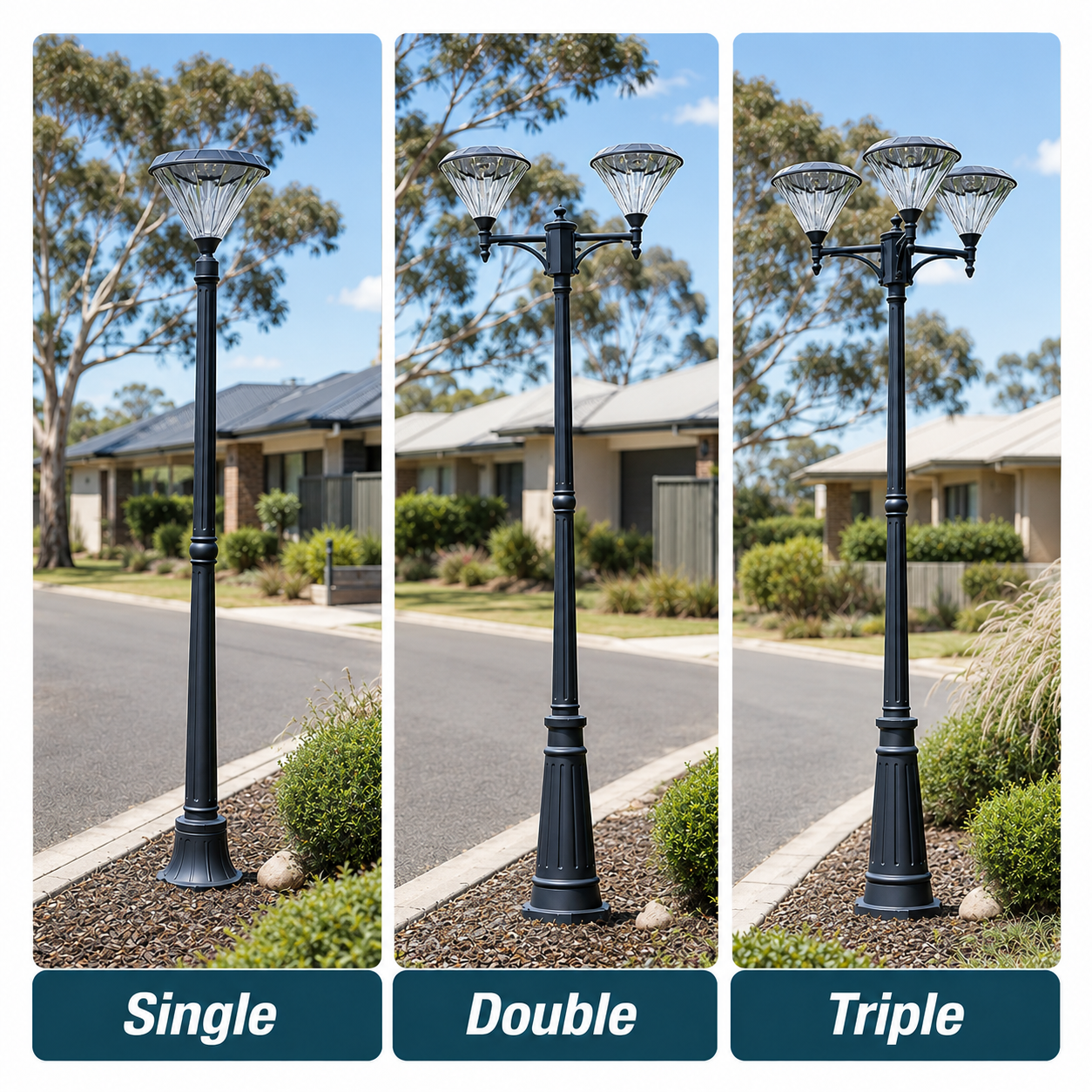 Three-panel product comparison showing a flat top solar light post available in single head double head and triple head configurations along an australian suburban street nature strip.