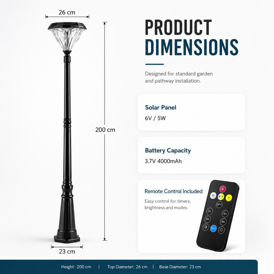 Technical dimensions infographic for a 200cm tall flat top solar post light australia variation highlighting a 26cm diameter lantern head and a 23cm wide base.