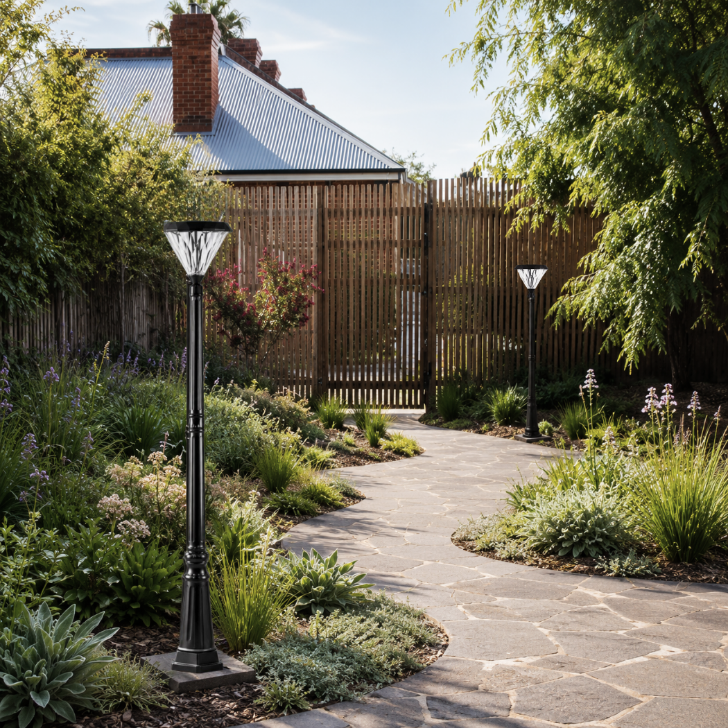 Two modern flat top solar post light fixtures illuminating a curved flagstone pathway winding through a landscaped native garden bed in an australian backyard.
