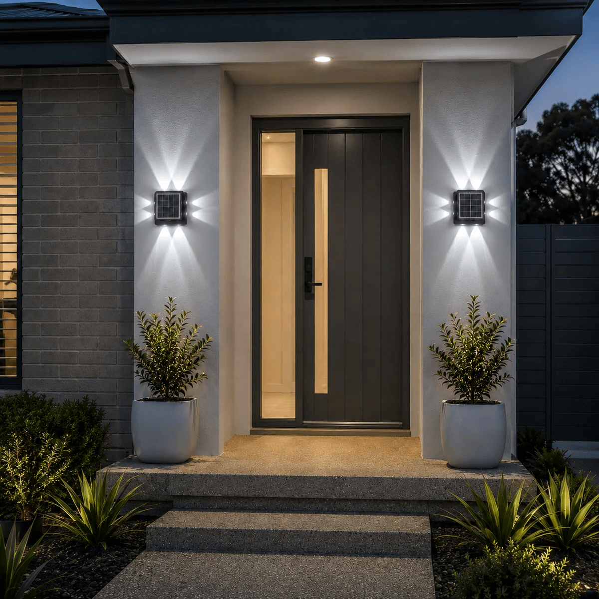 Symmetrical installation of an outdoor solar wall light on both sides of a modern charcoal front door, casting a bright cool white architectural pattern on white pillars.