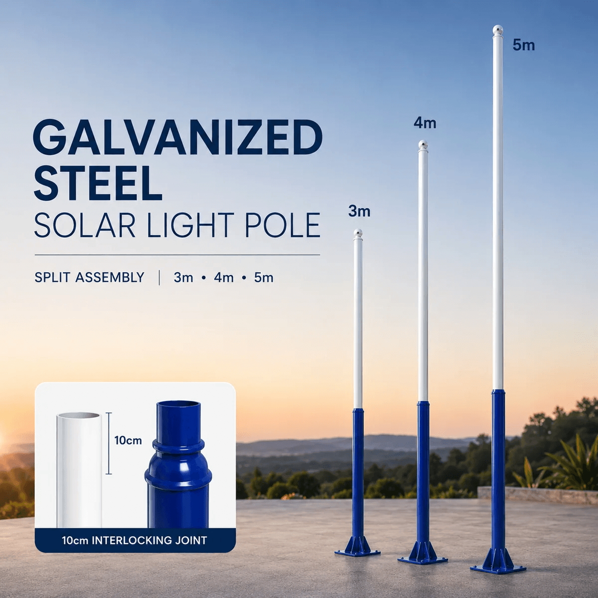 Heavy duty galvanized steel solar light pole variations shown in 3m, 4m, and 5m height options with a detailed diagram of the 10cm interlocking joint for the split assembly light pole setup.