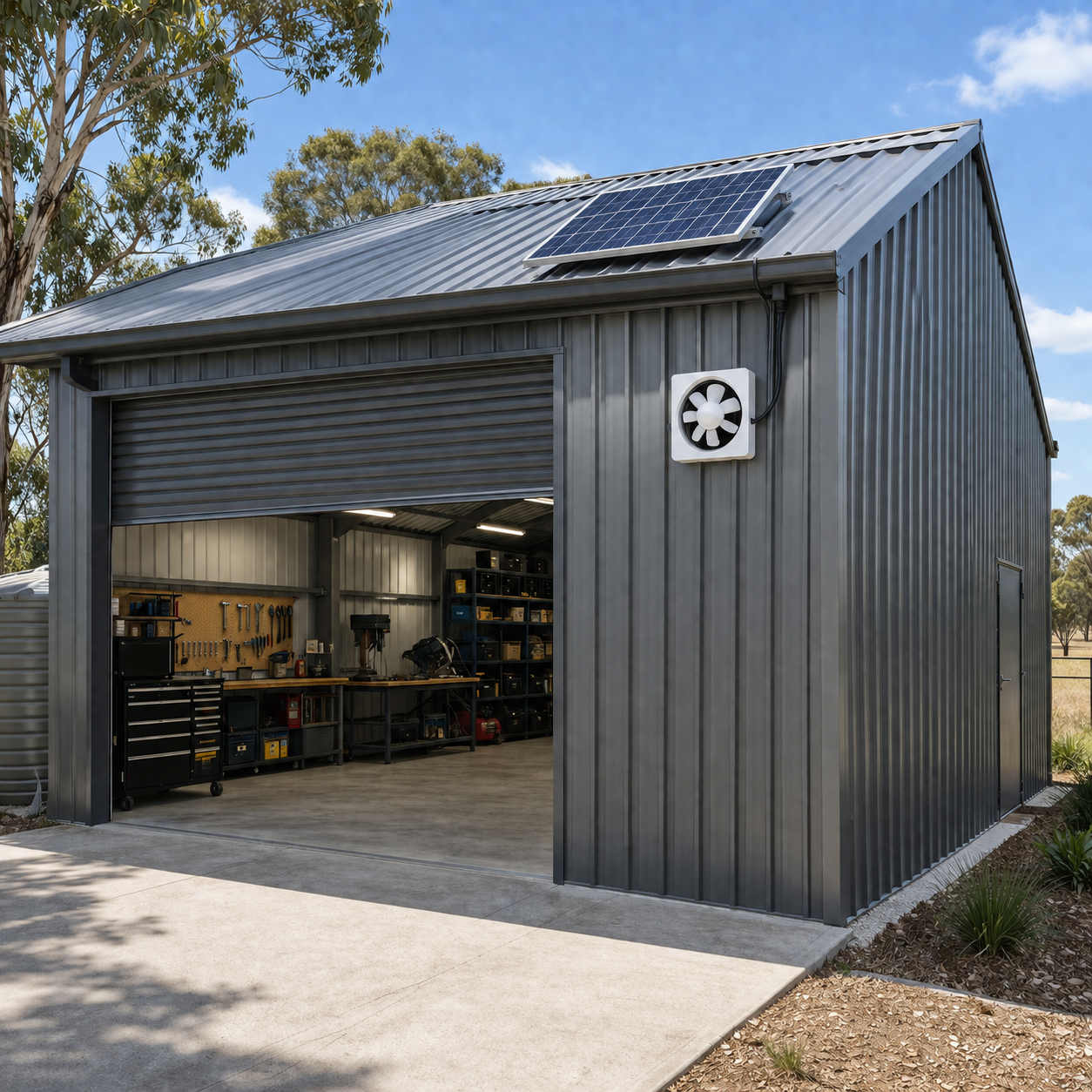 A solar powered exhaust fan Australia homeowners use for workshops, mounted on a dark gray metal garage exterior with a roof solar panel to provide eco-friendly cooling for tools and storage.
