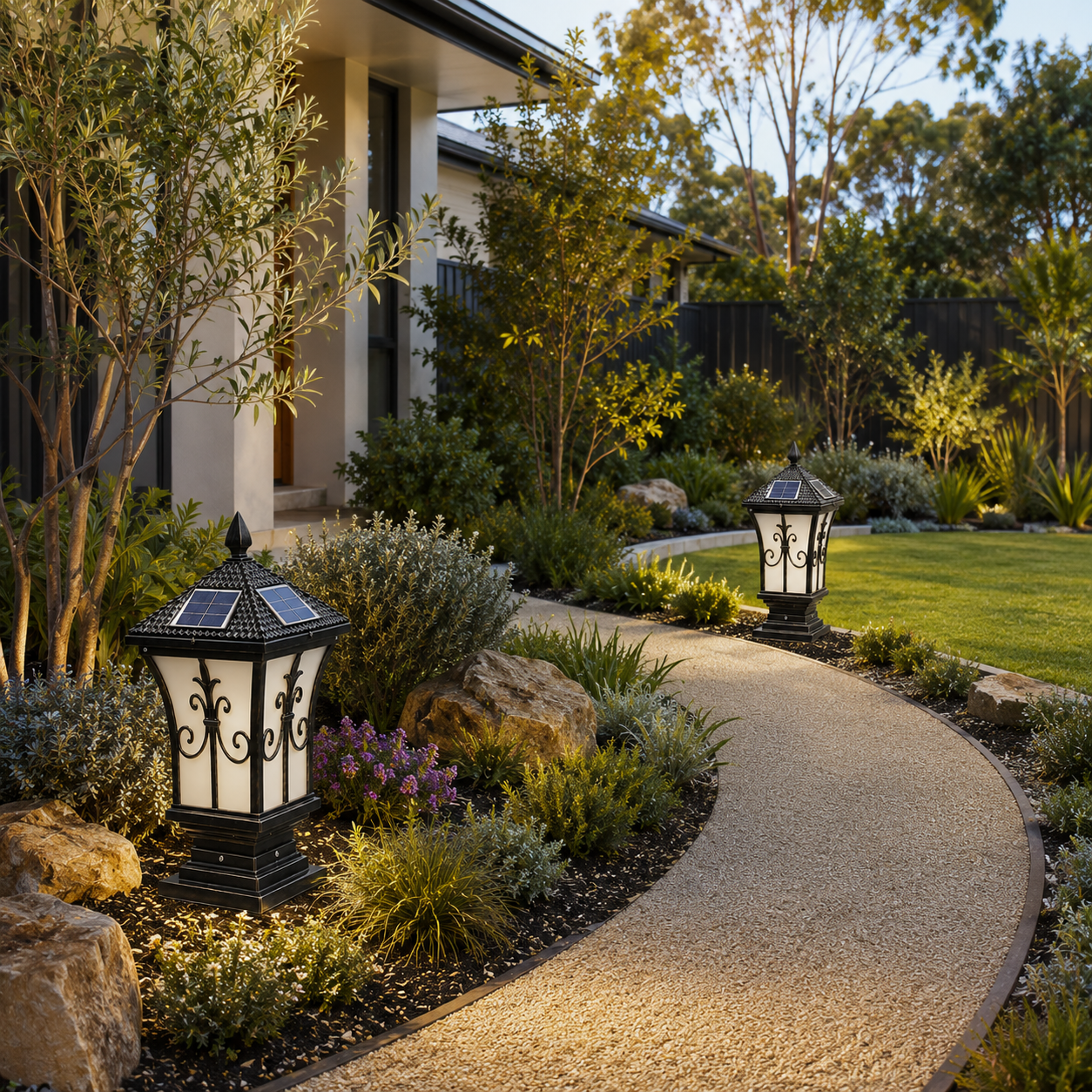 Traditional black heritage solar coach lamps lining a curved garden pathway post setup, demonstrating a weatherproof solar coach lamp style for australian residential landscaping.