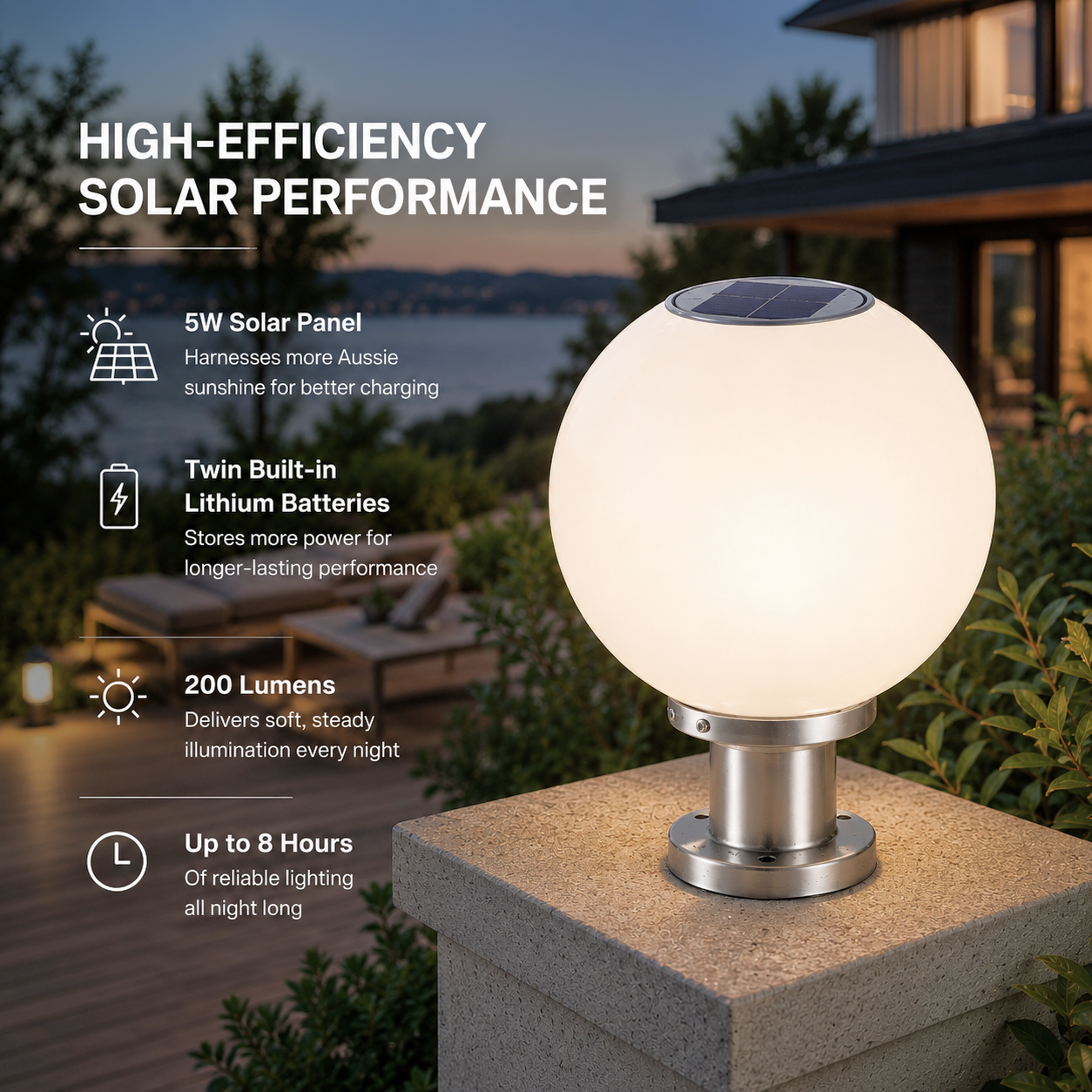 Globe Shaped Solar Outdoor Light illuminating a concrete pillar at dusk with technical performance text about its five watt solar panel in Australia