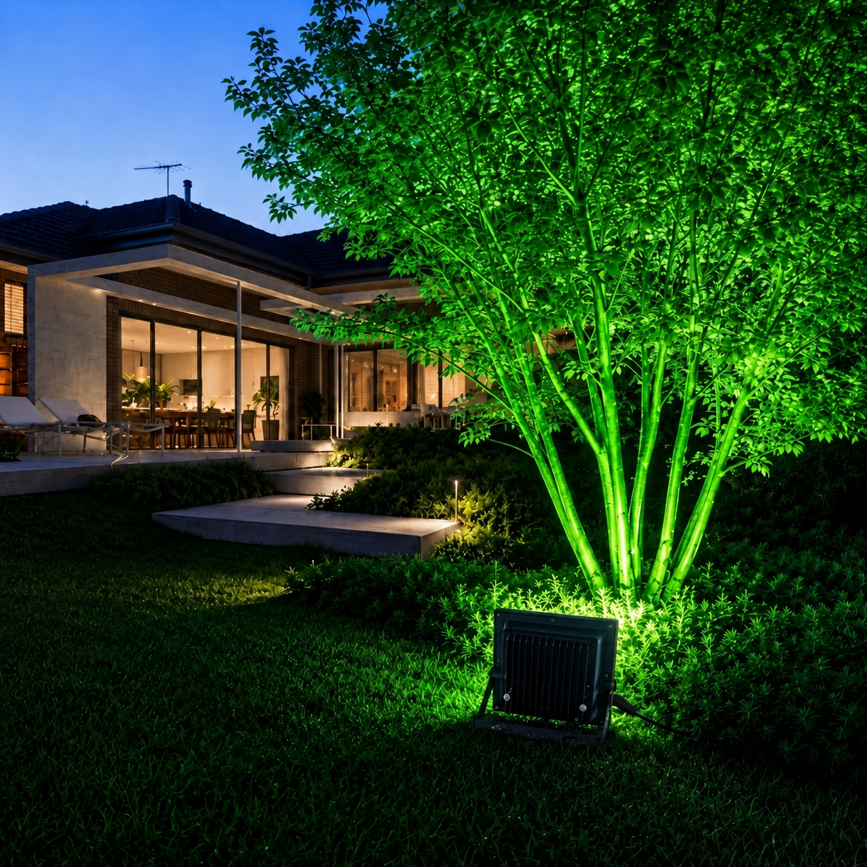 Green solar garden lights casting a vibrant uplighting effect onto a large tree in a residential Australian backyard at night.