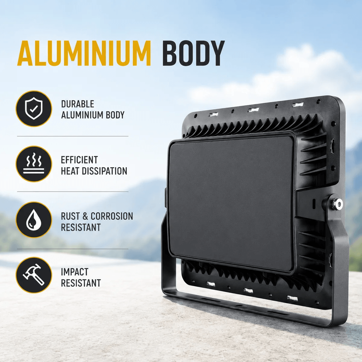 Premium solar sensor flood light rear view showcasing the heavy duty black aluminum housing designed for heat dissipation and weather resistance.