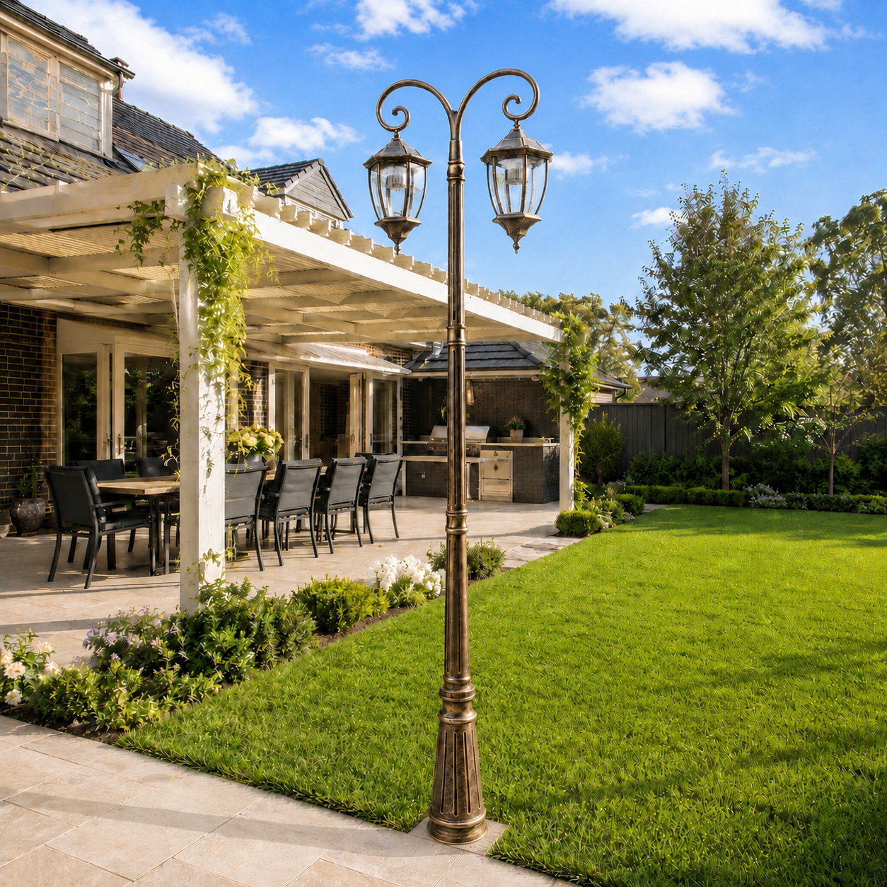 Heritage double head solar garden lamp installed on a tiled patio path next to a lawn and outdoor dining pergola.