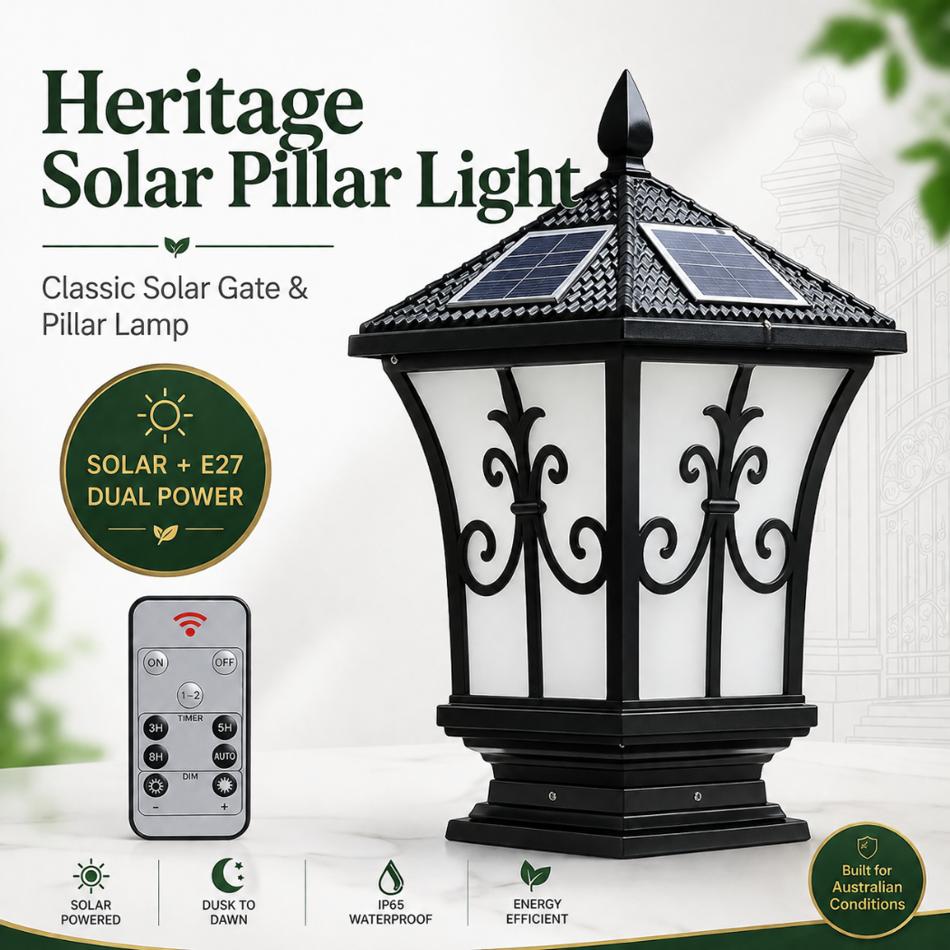 An infographic showcasing the heritage solar pillar light Australia loves, featuring a classic solar coach lamp design with dual-power capability and smart remote control.
