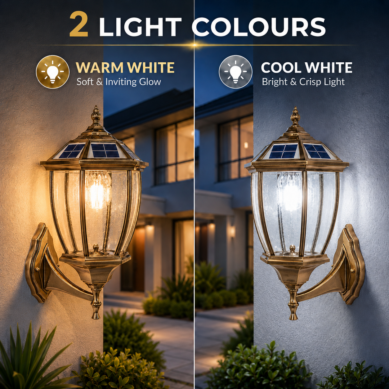 Heritage Solar Wall Light infographic displaying 2 light colours including a soft warm white glow and a bright cool white exterior light setup.