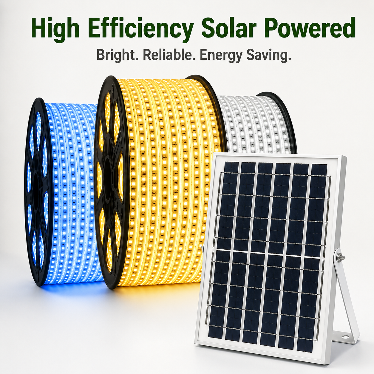 Three spools of high efficiency solar fairy lights outdoor in blue, yellow, and cool white next to a premium aluminum frame solar panel.