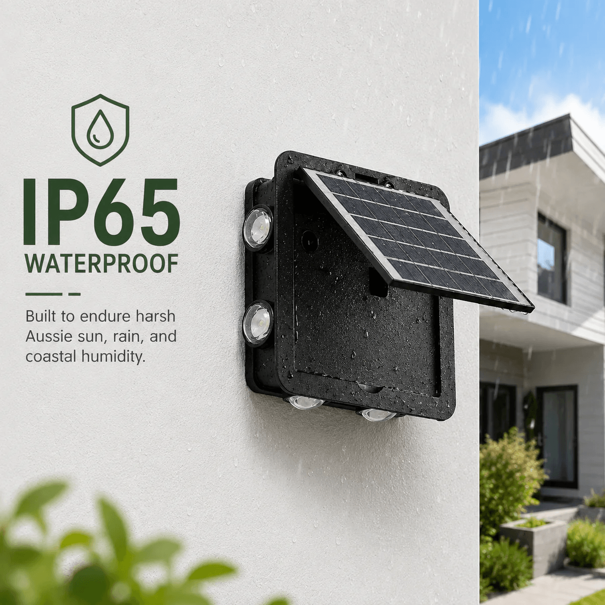An IP65 waterproof 4-way solar outdoor wall light mounted on an exterior wall during a rain shower, highlighting durability against harsh Australian weather.