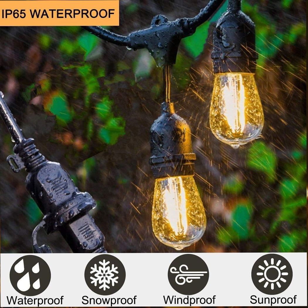Close up infographic demonstrating IP65 waterproof garden string lights withstanding extreme weather conditions including rain wind and harsh sunproof exposure for year round durability in Australia