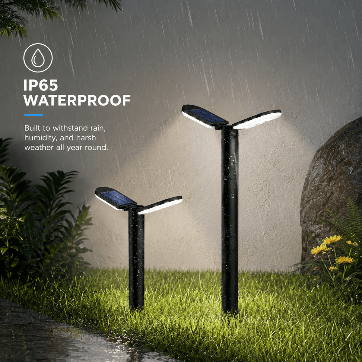 IP65 waterproof outdoor solar lawn lights built to withstand rain humidity and harsh weather conditions all year round in Australia