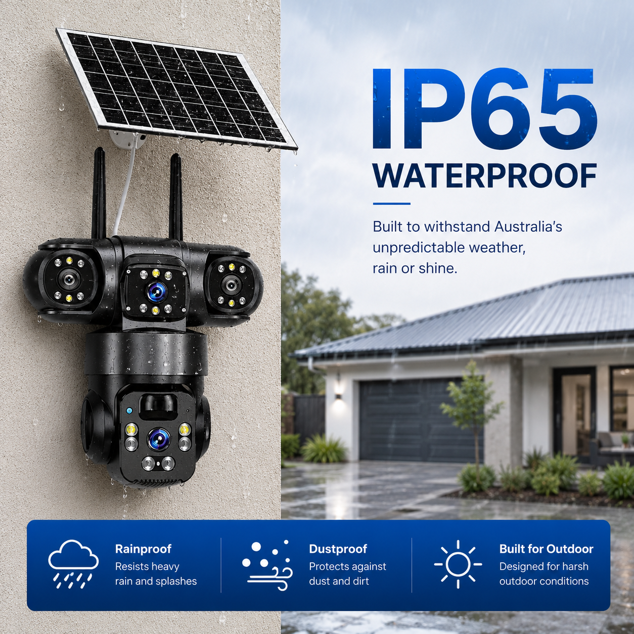 IP65 waterproof security camera mounted on a wall during heavy rain, showcasing its rainproof and dustproof design built to withstand harsh, unpredictable outdoor weather conditions in Australia.