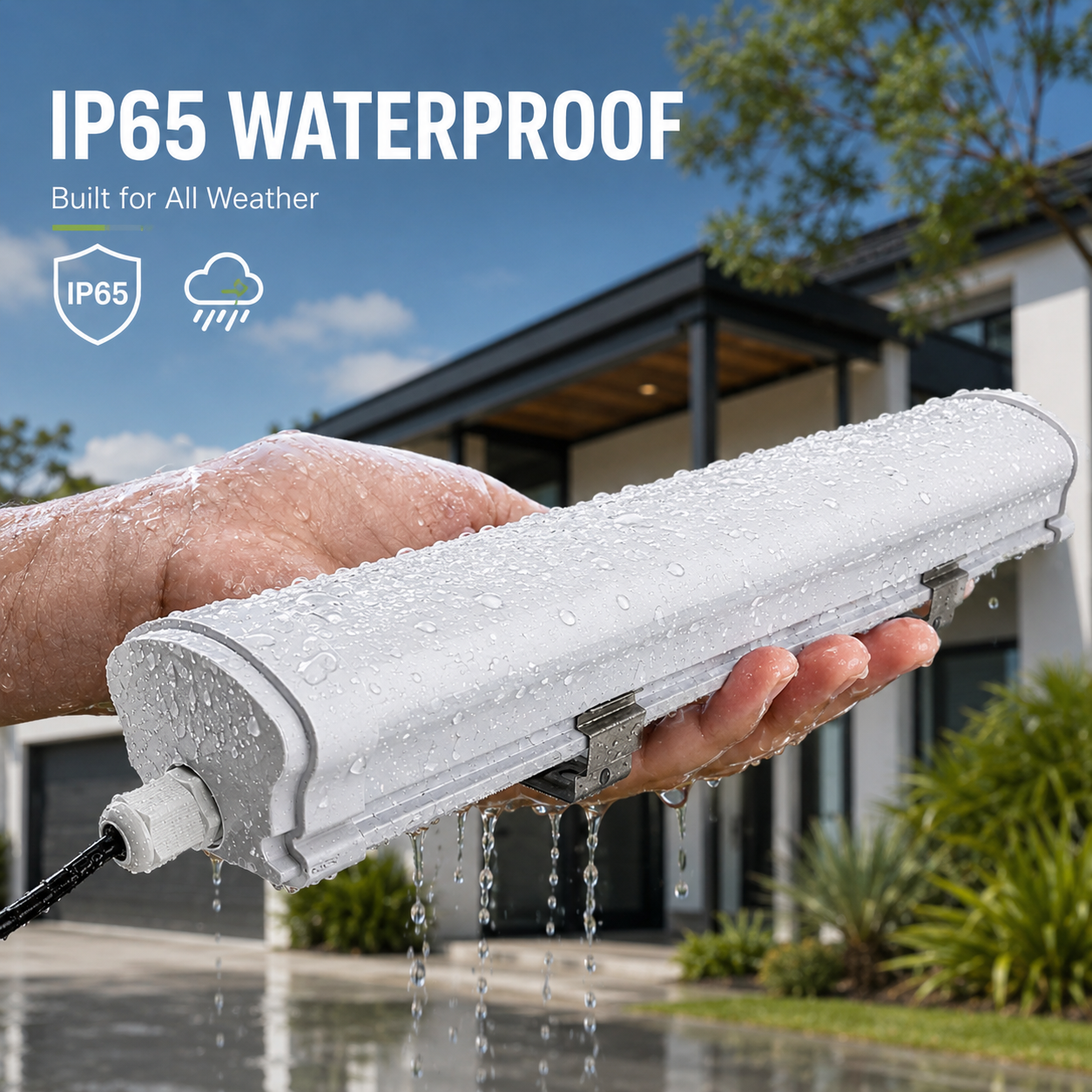 IP65 waterproof solar batten light being drenched in water to demonstrate its all weather rain protection.