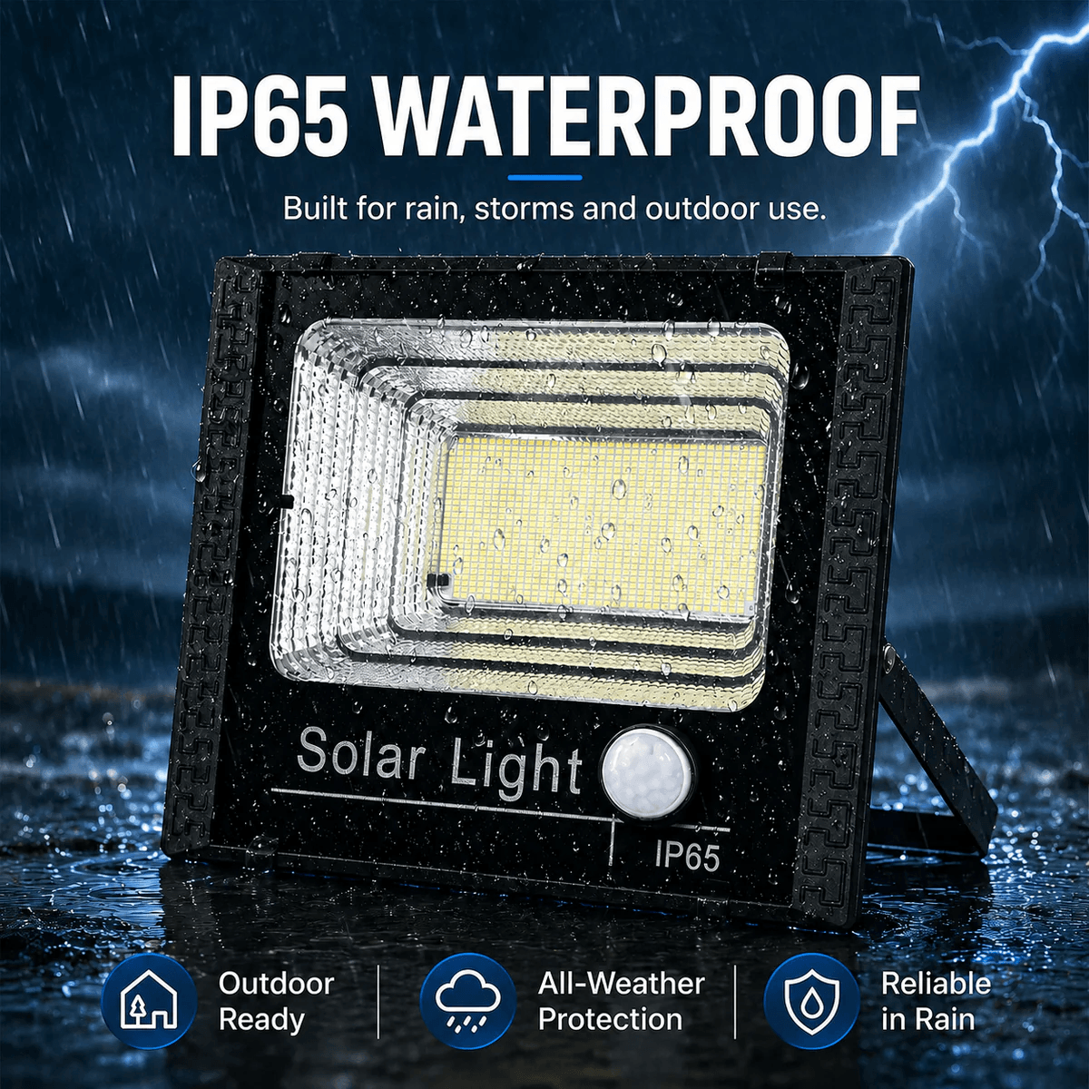 IP65 waterproof solar motion sensor security light showing a heavy-duty weather resistant design built to withstand rain and storms for outdoor property protection.