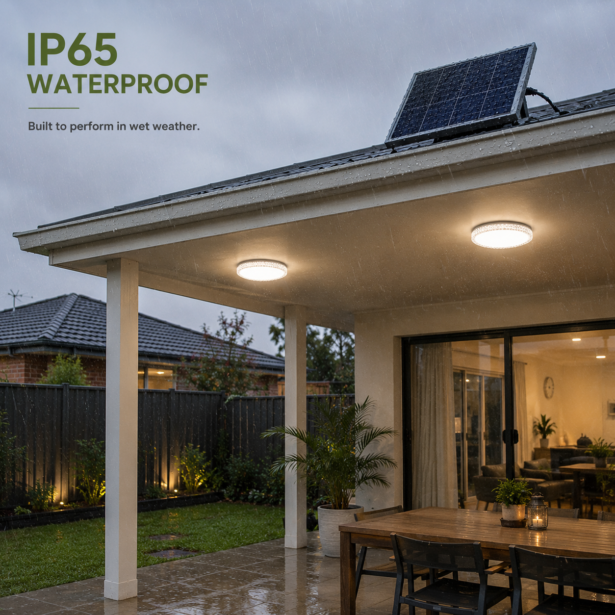 An IP65 waterproof dual solar ceiling light system operating in heavy rain over an outdoor alfresco veranda dining area to demonstrate wet weather performance for Australian homes.