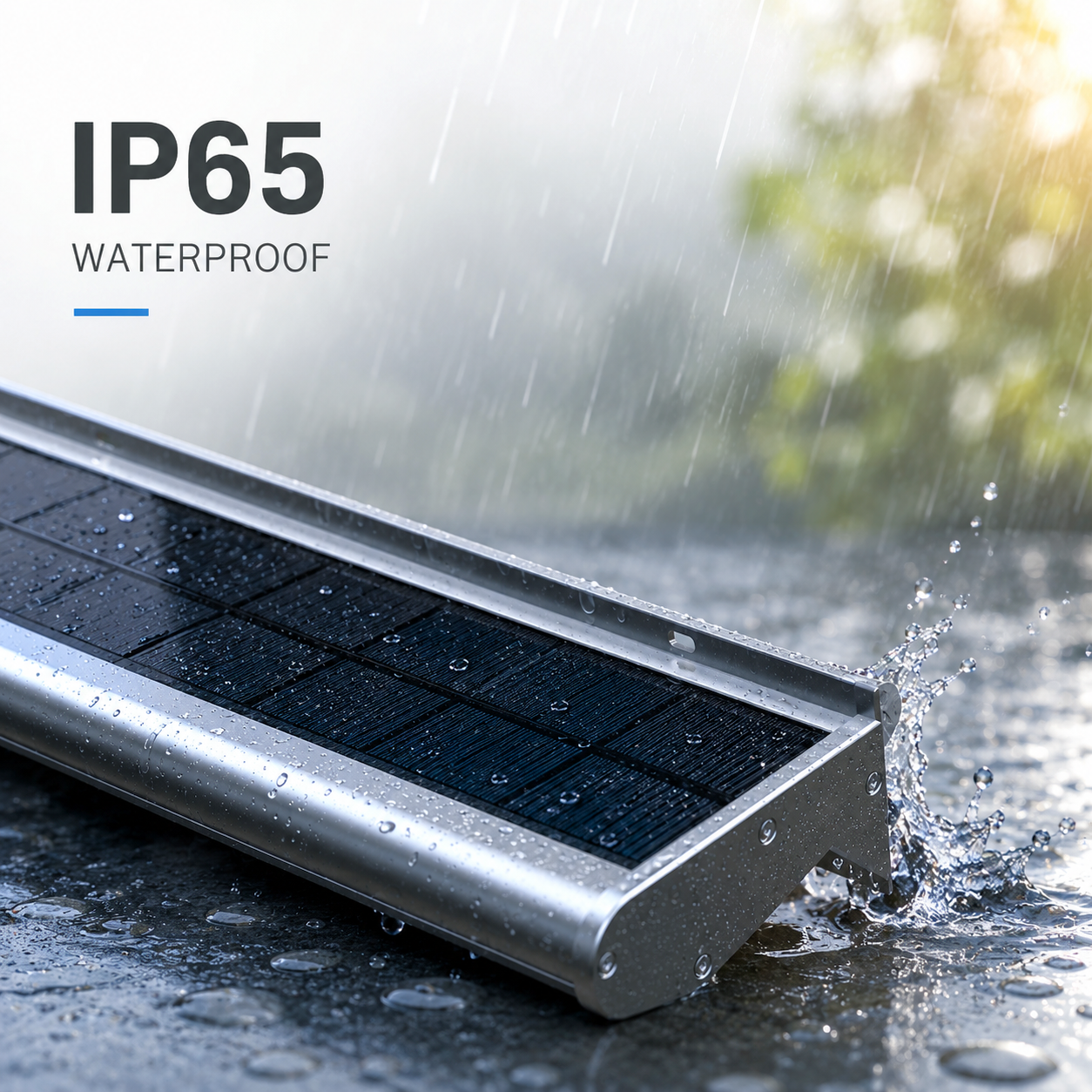 An infographic demonstrating the IP65 waterproof aluminum housing of a solar real estate sign light enduring heavy rain outdoors.