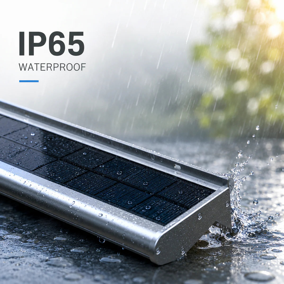 An infographic demonstrating the IP65 waterproof aluminum housing of a solar real estate sign light enduring heavy rain outdoors.