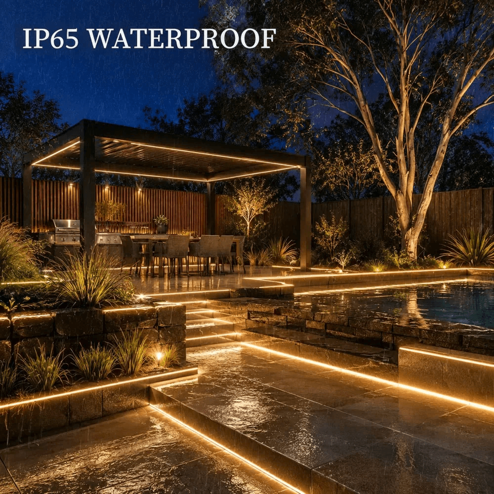 IP65 waterproof solar rope lights outdoor lining modern backyard stairs, garden beds, patio pergolas, and luxury pool edges with a warm amber ambient glow at night.