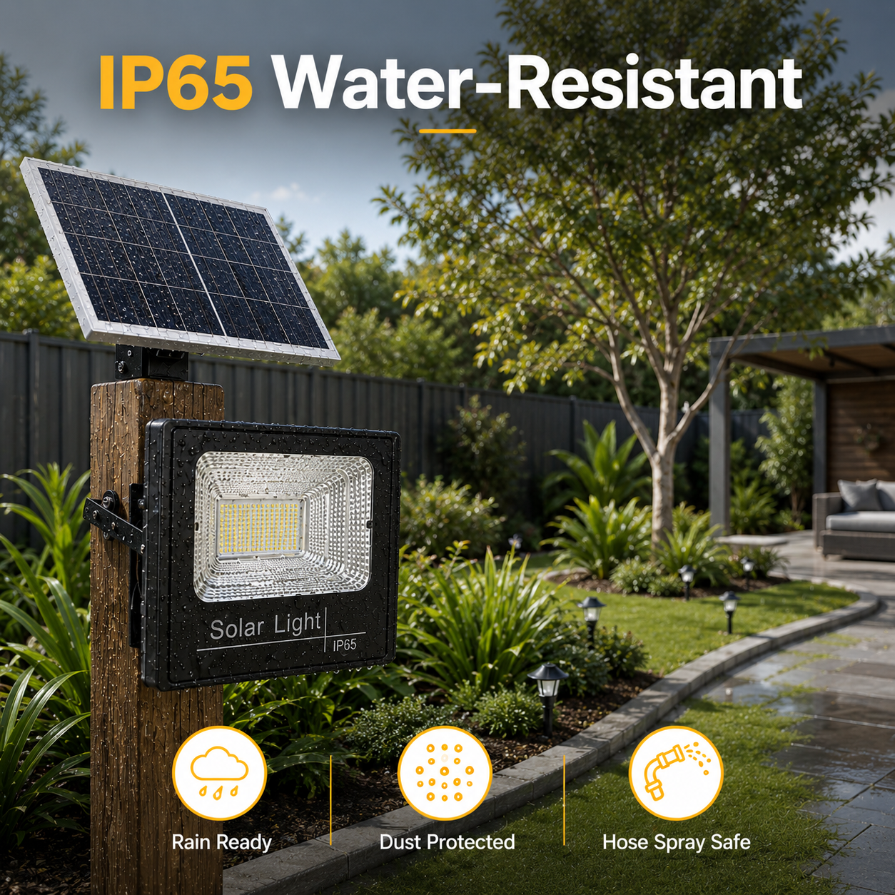IP65 weather-resistant single colour solar flood light unit mounted on a wooden post showing rain ready and dust protected durability for Australian outdoor yards.