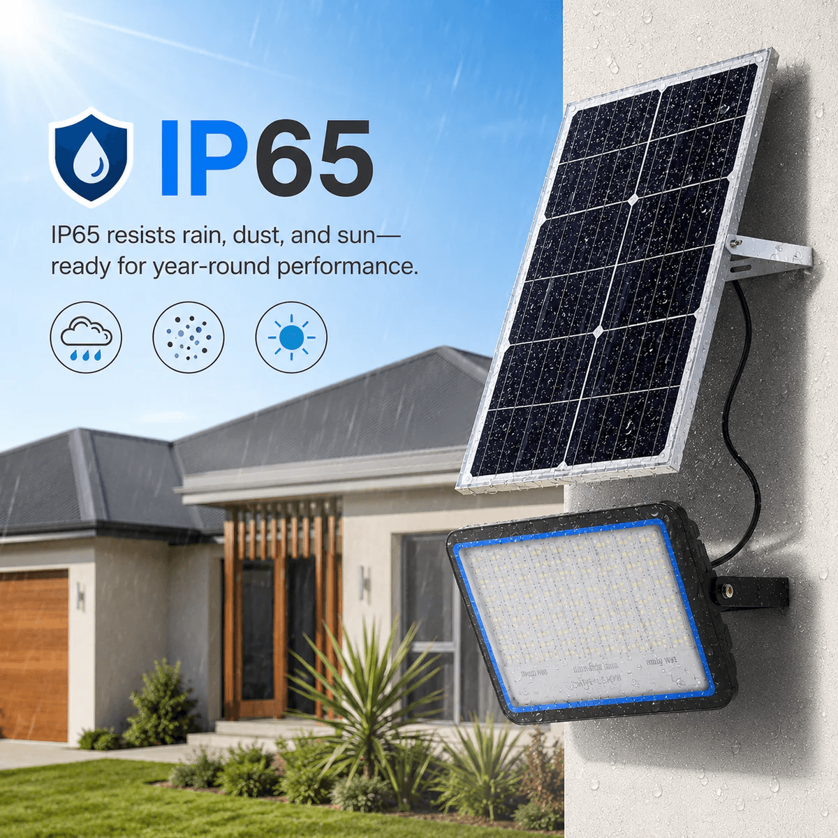 Premium solar sensor flood light kit with an IP65 waterproof rating mounted outdoors in the rain to demonstrate year round durability.