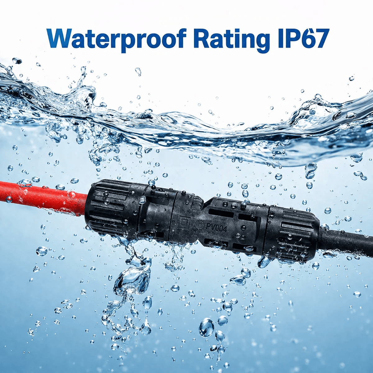 IP67 waterproof rating demonstration of an MC4 solar cable extension lead submerged in water showing a sealed weatherproof solar wire connector for marine and outdoor use.